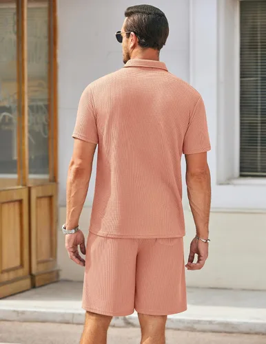 Miniatura 35 de COOFANDY Conjunto de camisa polo y pantalones cortos de punto gofre para hombre, conjunto de 2 piezas, traje de verano casual con bolsillos