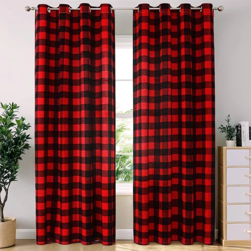 Miniatura 12 de Cortinas navideñas de búfalo rojo de 50 pulgadas, 2 paneles, cortinas de oscurecimiento con ojales rojos y negros para dormitorio, sala de estar