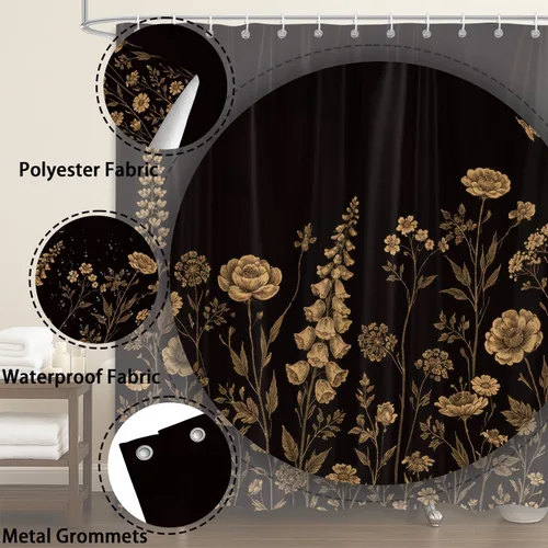 Miniatura 6 de Cortina de ducha bohemia con estampado floral negro y dorado, juego de cortinas de baño de tela impermeable con ganchos, 72 x 72 pulgadas