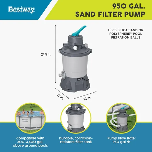 Miniatura 2 de Bestway Bomba de piscina con filtro de arena de 950 galones para piscinas sobre el suelo de 300 a 4,800 galones con filtro de prefiltro para agua