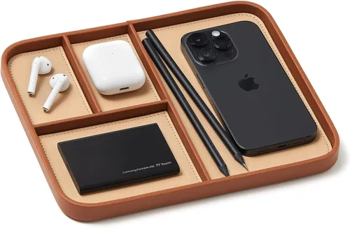 Nordik - Bandeja de valet de cuero, color marrón arena, bandeja de mesita de noche elegante y organizada de cuero vegano de primera calidad para