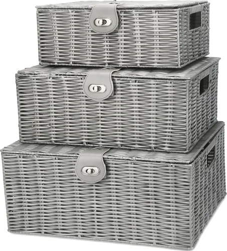 Miniatura 10 de Honygebia - Canastas de almacenamiento de mimbre negro - Juego de 3 cajas decorativas anidadas con tapas, canasta tejida con cerradura y asa