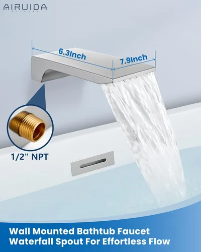 Miniatura 3 de Airuida Grifo de bañera de montaje en pared con boquilla de cascada, grifo de bañera montado en la pared con ducha de mano de una sola manija, cromo