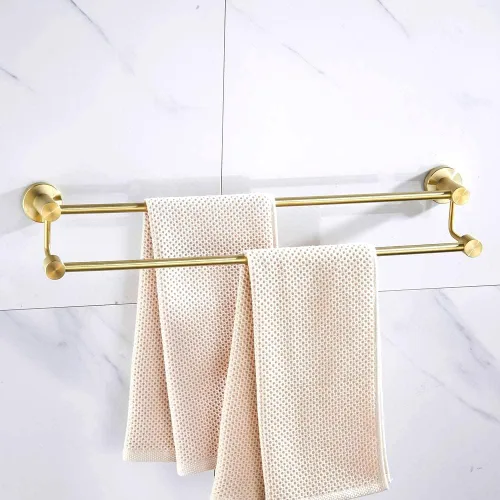 Miniatura 9 de BATHSIR Toallero de baño doble de oro cepillado ajustable, 14.56 a 27.55 pulgadas, toallero de montaje en pared para baño, colgador de toallas