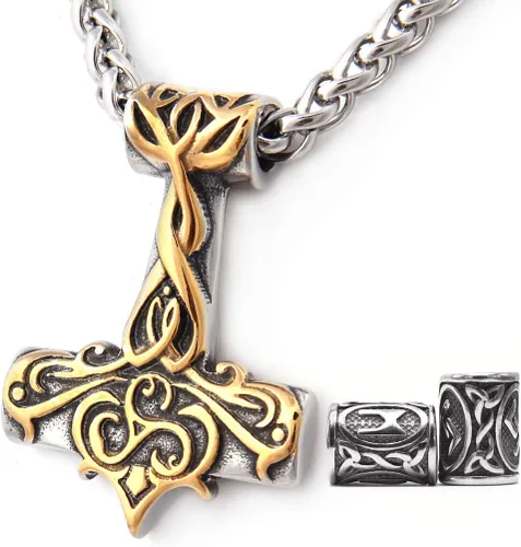 Gungneer Collar de acero inoxidable Mjolnir Thor Hammer colgante nórdico vikingo hacha de batalla, amuleto, joyería para hombres y mujeres, Metal