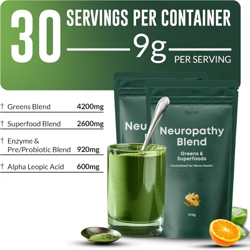 Miniatura 2 de The Nerve Brand Mezcla de superalimentos de neuropatía, polvo verde con ácido R alfa lipoico y melena de león para apoyo nervioso, naranja sol, 30