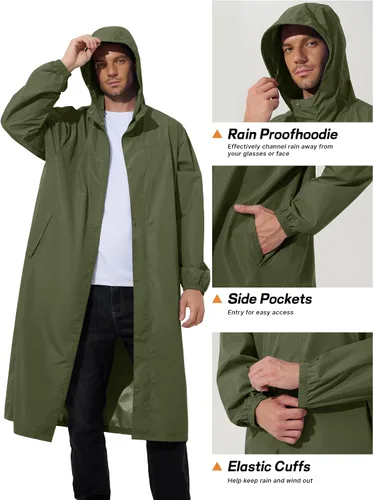 Miniatura 5 de UIQUR Chaqueta impermeable para hombre, ligera, larga, impermeable, rompevientos, ciclismo, correr, senderismo, plegable