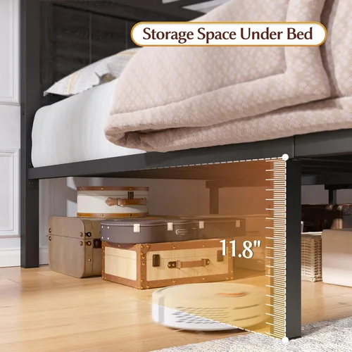 Miniatura 7 de EnHomee Marco de cama King de metal con 2 cajones de almacenamiento, cabecera de madera con iluminación LED y estación de carga, dormitorio, Negro