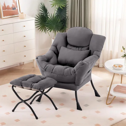 Miniatura 10 de Furlide Silla Lazy con otomana, moderna silla de estar con almohada lumbar, sillón de lectura acogedor y reposapiés plegable para dormitorio, sala
