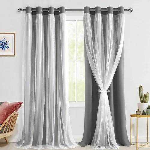 Miniatura 21 de Hiasan Cortinas opacas con superposición transparente, aislamiento térmico para mezclar y combinar de doble capa, cortinas de oscurecimiento de Beige