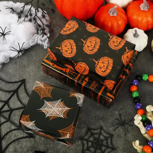 Miniatura 4 de AnyDesign 12 hojas de papel de regalo de Halloween, no se enrolla, diseño de calabaza, murciélago, telaraña, sombrero de bruja, papel de arte, papel
