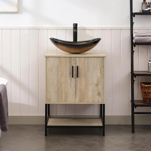 Miniatura 22 de UEV Tocador de Baño de Roble Rústico de 24" con Lavabo, Conjunto de Gabinete de Baño con Marco de Hierro Industrial con Puertas y Estante, con Combo