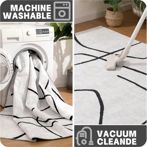 Miniatura 5 de YIHOUSE Alfombra lavable de 5 x 7 pies, moderna abstracta en blanco y negro, antideslizante, para dormitorio, oficina en casa (abstracto, 5 x 7 pies)