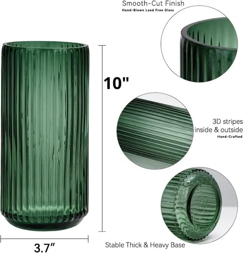 Miniatura 3 de DECORPIA Jarrón de Cristal Verde Premium Engrosado de 10 Pulgadas - Jarrón de Cristal Acanalado para Flores para Decoración Rústica del Hogar