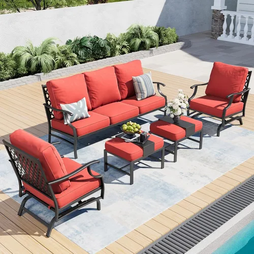 Miniatura 20 de SUNSHINE VALLEY Juego de muebles de patio, 4 piezas de muebles modernos de metal para exteriores, sofá de 3 plazas, 2 sillas mecedoras, mesa