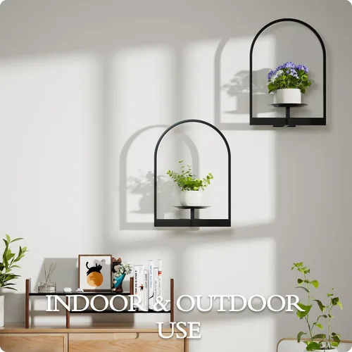 Miniatura 6 de Soporte para plantas de pared de metal negro, paquete de 2 soportes para plantas montados en la pared y soportes colgantes para macetas