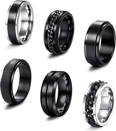 sailimue Juego de 6 anillos giratorios negros de 0.39 pulgadas para hombres y mujeres, anillos de acero inoxidable para aliviar la ansiedad y el