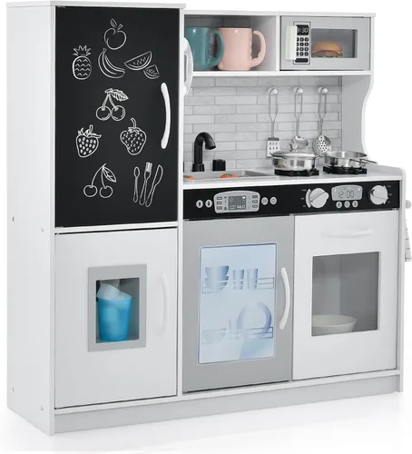 MAT EXPERT Juego de cocina para niños, cocina de juguete de chef de madera con pizarra, máquina de hielo, accesorios de utensilios de cocina, Blanco