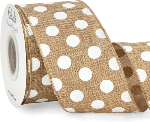 Ribbli Cinta con alambre de lunares beige y blanco, 2-1/2 pulgadas x 10 yardas, cinta de arpillera de puntos para manualidades, corona, decoración