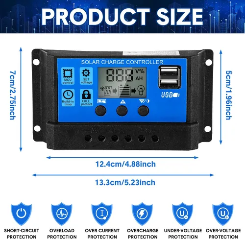 Miniatura 2 de Controlador de batería solar de 12 V/24 V, controlador de carga de panel solar de tierra, regulador de control de panel solar con pantalla LCD