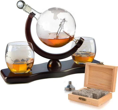 Decantador del mundo grabado con globo de whisky, juego de regalo de whisky The Wine Savant con avión antiguo, piedras de whisky y 2 vasos de mapa