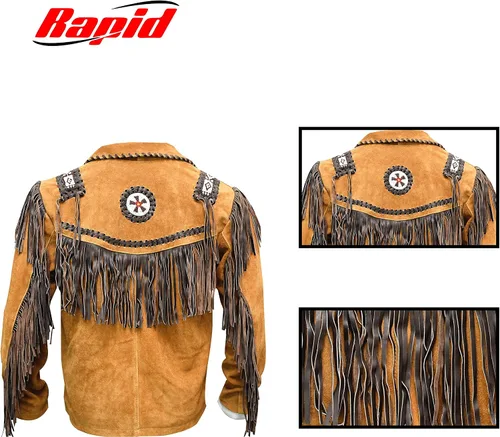 Miniatura 4 de Chaqueta de cuero vaquero occidental para hombre con flecos de ante nativo americano con cuentas de cuero tradicional - marrón tostado