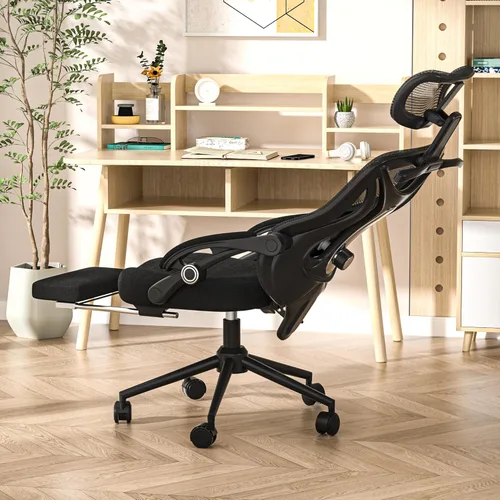 Miniatura 11 de Silla de oficina ergonómica con reposapiés, soporte lumbar ajustable y reposacabezas, silla de computadora reclinable de malla de 90-160°, oficina