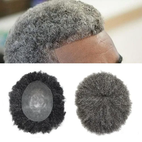 Miniatura 18 de Unidades de cabello afro para hombre, tupé, meave, afro tupé para hombre, sistema de reemplazo de cabello humano rizado, postizo de 0.787 in, 1#
