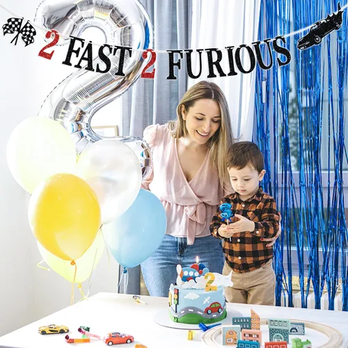 Miniatura 3 de Cartel de 2 Fast 2 Furious - Cartel de banderines de fiesta temática de auto de carreras, decoraciones de segundo cumpleaños para niños, suministros