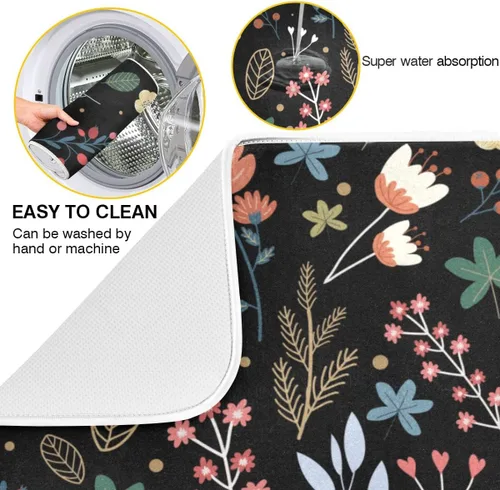 Miniatura 2 de Tapete de secado de platos de flores de fondo negro para encimera de cocina de 18 x 24 pulgadas, tapete de microfibra absorbente, tapete de secado