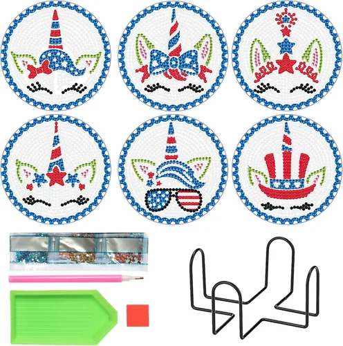 Miniatura 10 de MVVMTOP 6 posavasos de pintura de diamantes con soporte dimensional, formas especiales de bricolaje con forma especial de pata de gato, kits de arte