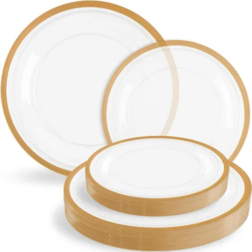 Blue Sky Contrast Collection - Juego de platos combinados transparentes con borde dorado, (7 pulgadas, 16 unidades y 10 pulgadas, 16 unidades)
