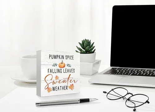 Miniatura 5 de Mtrgdn Decoraciones de otoño para el hogar, diseño rústico de calabaza con hojas que caen y hojas que caen, letrero de caja de madera, decoración