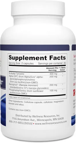 Miniatura 2 de Wellness Resources Súper refuerzo cerebral con fosfatidilserina, N-acetil tirosina, alfa GPC y bacopa para claridad mental, enfoque y memoria