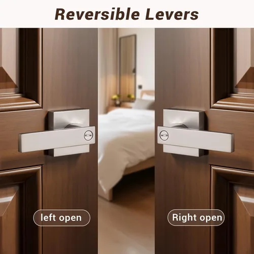 Miniatura 6 de Knobonly Paquete de 9 manijas de puerta reversibles de níquel cepillado, cerradura cuadrada de privacidad sin llaves