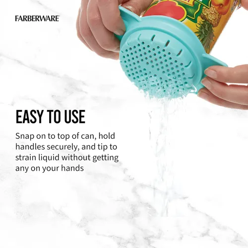 Miniatura 3 de Farberware Colador y colador de latas clásico, Aqua Sky, colador de tapa a presión para atún, verduras enlatadas, pasta, frutas, se adapta a latas