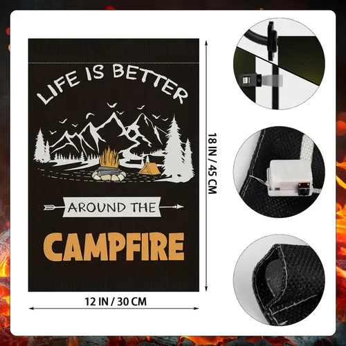Miniatura 4 de Bandera de jardín para campamento con luces LED, 12 x 18 pulgadas, arpillera vertical de doble cara para campamento, hoguera, banderas de jardín