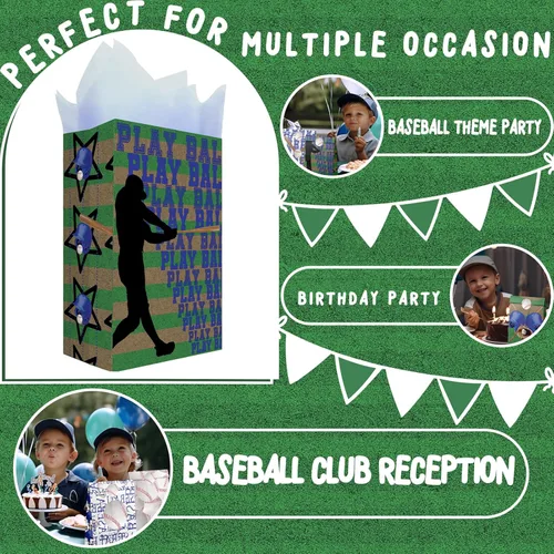 Miniatura 5 de Bolsas de regalo de fiesta de béisbol para niños – 24 bolsas de regalo de béisbol con 6 diseños, bolsas de papel para niños, temática deportiva