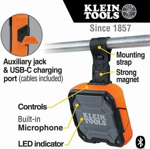 Miniatura 2 de KLEIN TOOLS AEPJS2 - Altavoz Bluetooth con tira magnética y gancho, recargable, inalámbrico y compatible con Aux, manos libres, tiempo