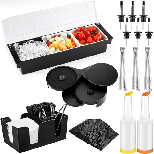Mifoci Suministros para Barman Bandeja de Aderezos con Tapa Carro de Bar 3 Niveles de Bordeador de Vidrio 12 Vertedor de Botella de Acero Inoxidable