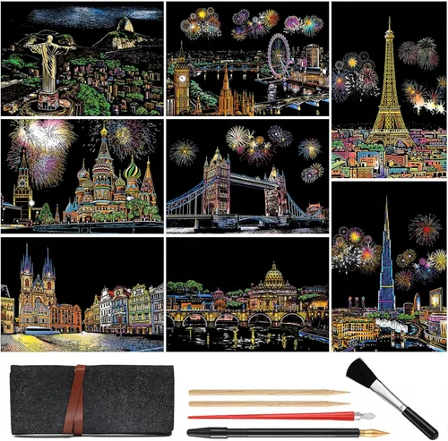 Miniatura 10 de M MUGIT - Papel de pintura para rascar arcoíris (A4) para adultos y niños, tablero de rascar con vista nocturna DIY, juego de arte de grabado: 4