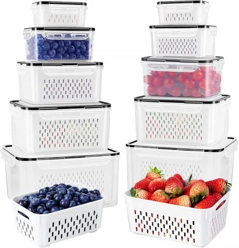 Miniatura 9 de Freshmage Contenedores de almacenamiento de frutas para refrigerador con colador extraíble, recipiente hermético para almacenamiento de alimentos