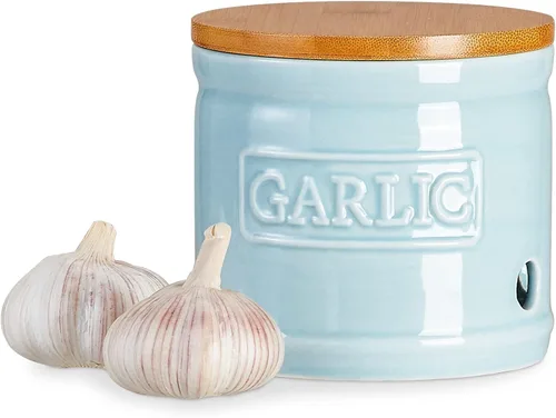 ONEMORE Soporte de ajo con tapa, recipiente de ajo de cerámica de 4 pulgadas, azul claro