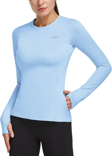 BALEAF Camiseta térmica de forro polar para mujer, manga larga, con agujeros para los pulgares, bolsillo con cremallera para clima frío