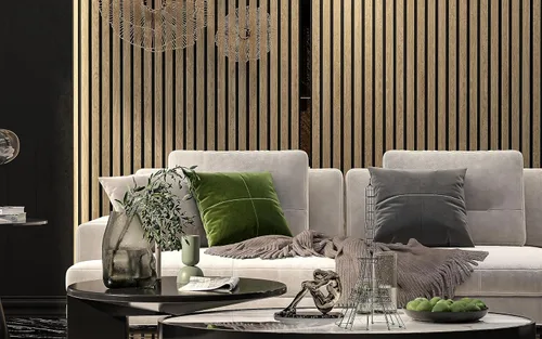 Miniatura 5 de Paquete de 2 paneles acústicos de pared de madera de 94 x 12.6 pulgadas, listones 3D insonorizados para paredes y techos, elegantes paneles Nogal