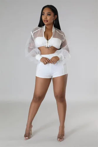 Miniatura 2 de Conjunto de 2 piezas para mujer, de malla transparente, manga larga, corta, con cremallera, para verano, vacaciones, club