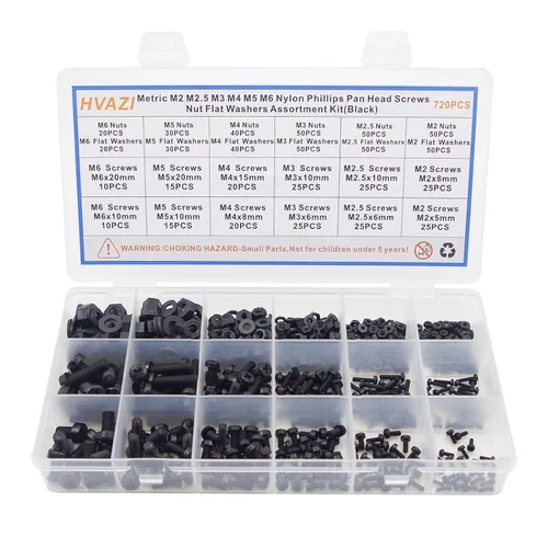 Miniatura 13 de Juego surtido de tornillos métricos M6 de nylon Phillips de cabeza plana (negro)