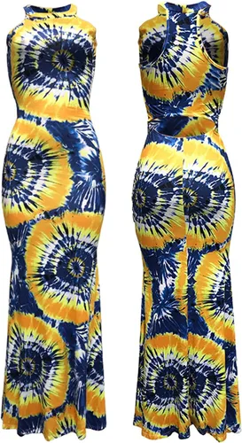 Miniatura 5 de Vestido largo halter de las mujeres, vestido de una sola pieza sin mangas con estampado teñido