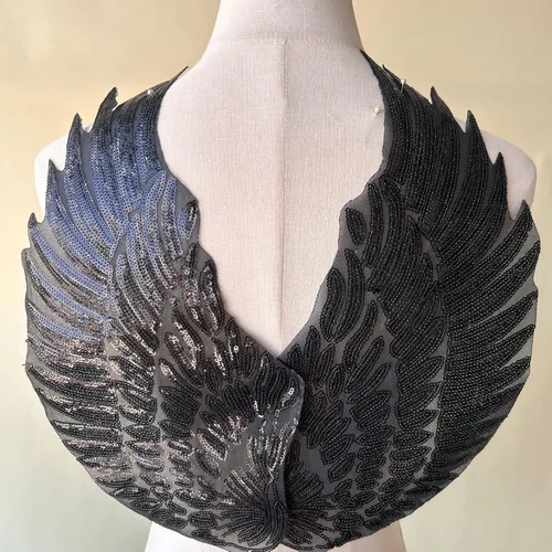 Parches de hierro negros con alas de ángel, apliques brillantes de lentejuelas para disfraces, vestido