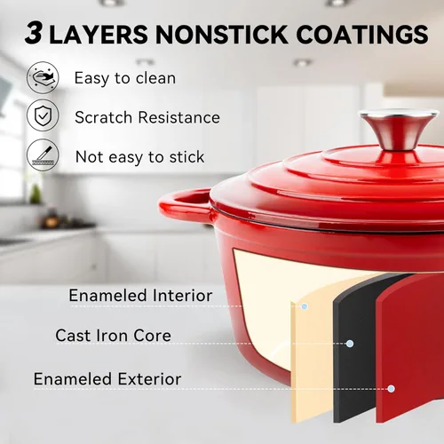 Miniatura 3 de Miereirl Olla holandesa de hierro fundido esmaltada de 4.5 QT con tapa, horno holandés de hierro fundido con asas duales para hornear pan, cocinar